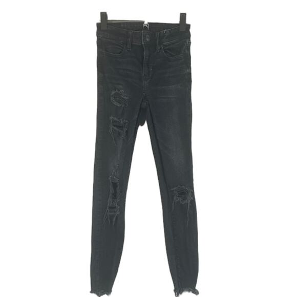 American Eagle Black Distressed Ripped Skinny Ankle Denim Jeans Women Sz 00 - Picture 1 of 8